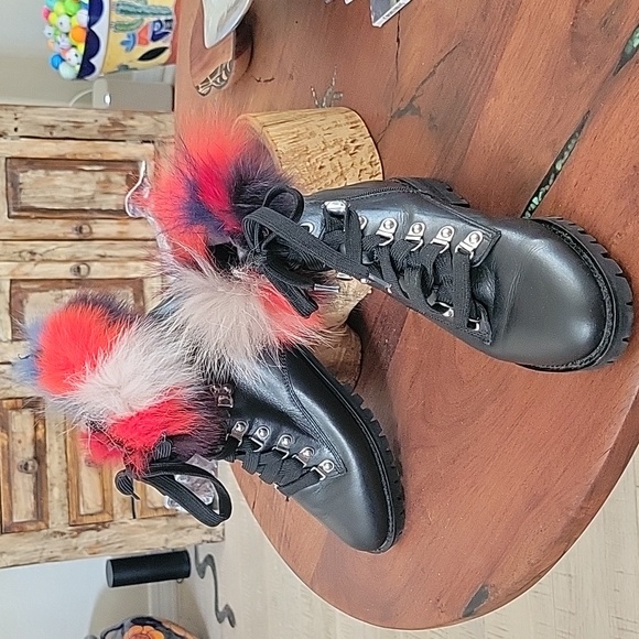 Rebecca Minkoff Jaylin Fox Fur-Trim Leather Lug Sole Combat Boot, Black 8 M - Picture 8 of 11